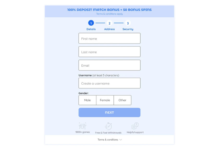 Registration form showing name, email, username fields and gender selection options