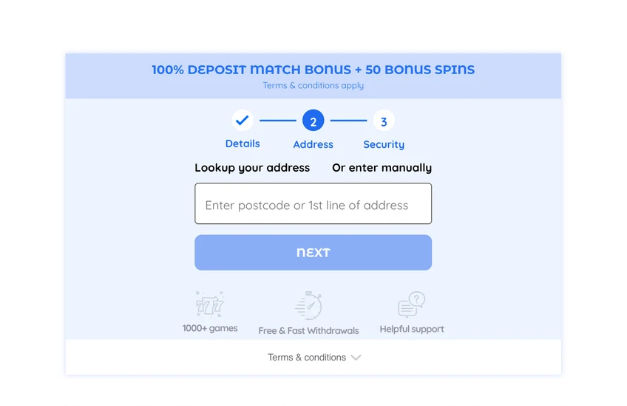 Address lookup screen with postcode search field and manual entry option displayed