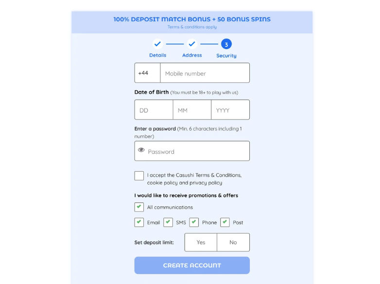 Security step form showing mobile number, date of birth, password and consent checkboxes